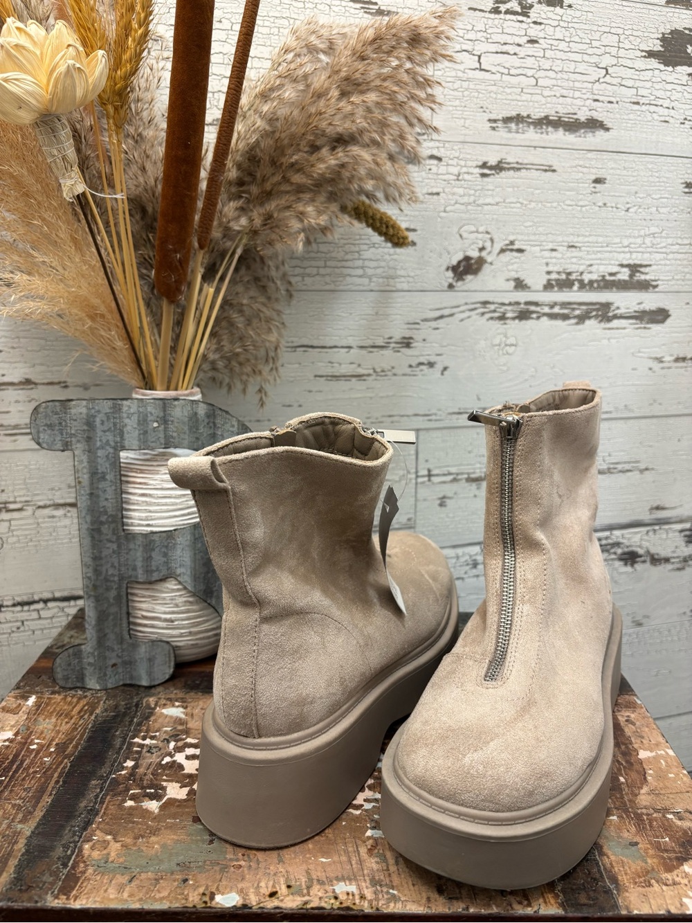 Portland Taupe Suede Front-Zip Platform Ankle Boots